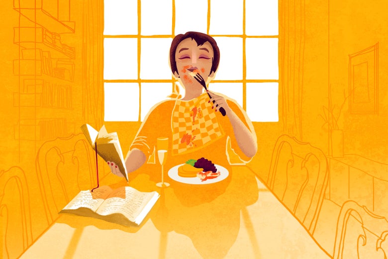 A woman sitting at Thanksgiving dinner alone, reading a book and looking happy